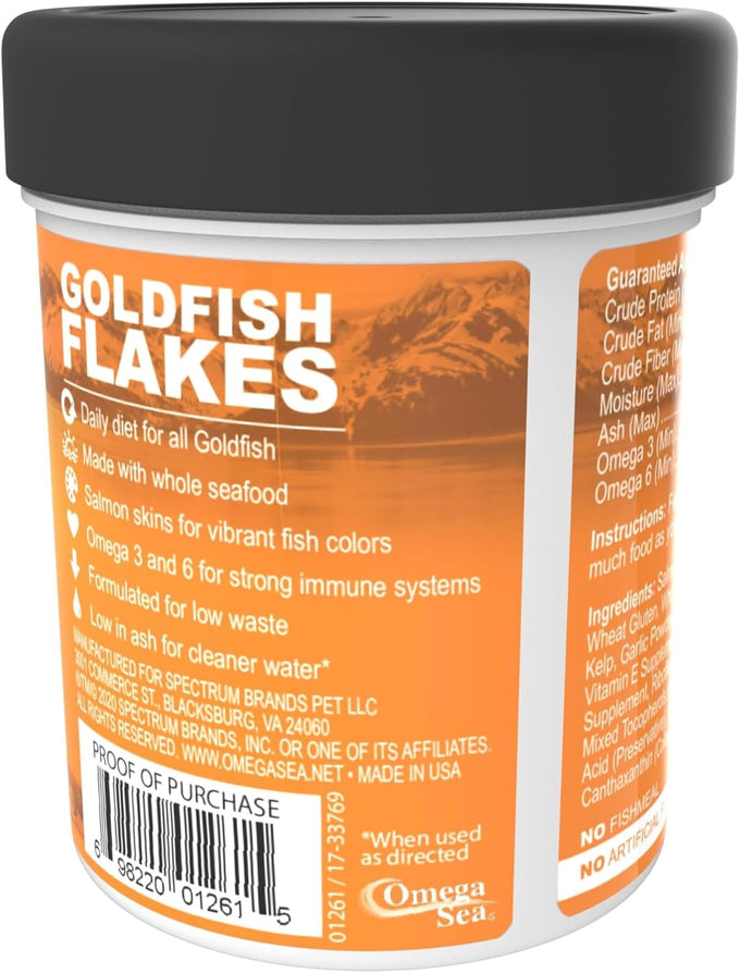 Omega One 0.42 oz Goldfish Flakes for Sensitive Digestive Systems with Color-Boosting Salmon & Kelp, Low Starch Formula