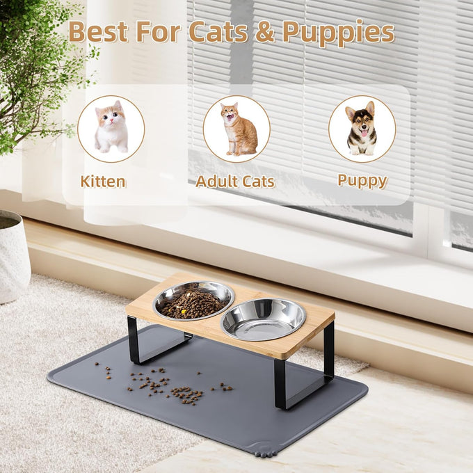 Upgraded 15°Tilted Stainless Steel Cat Bowls with Food Mat for Cats and Puppy