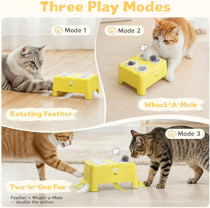 Cheese Box Interactive Cat Toy, 3-in-1 Whack a Mole Feather Toy for Indoor Cats, 4 Holes Kitten Toy, Yellow