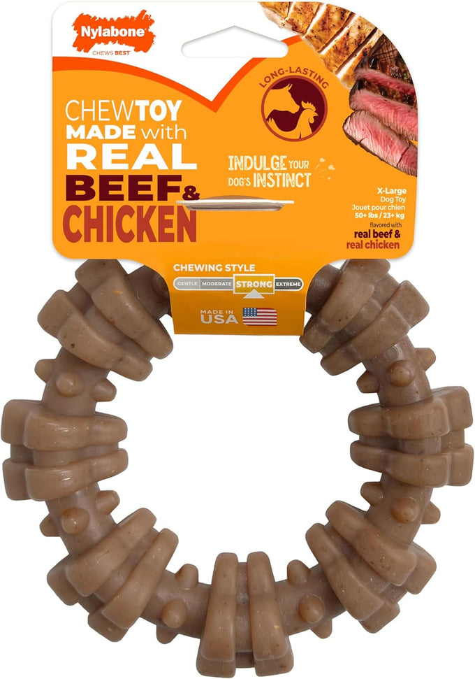 Nylabone strong chew textured ring dog toy, real beef and chicken, durable for aggressive chewers, x-large breeds over 50 lbs