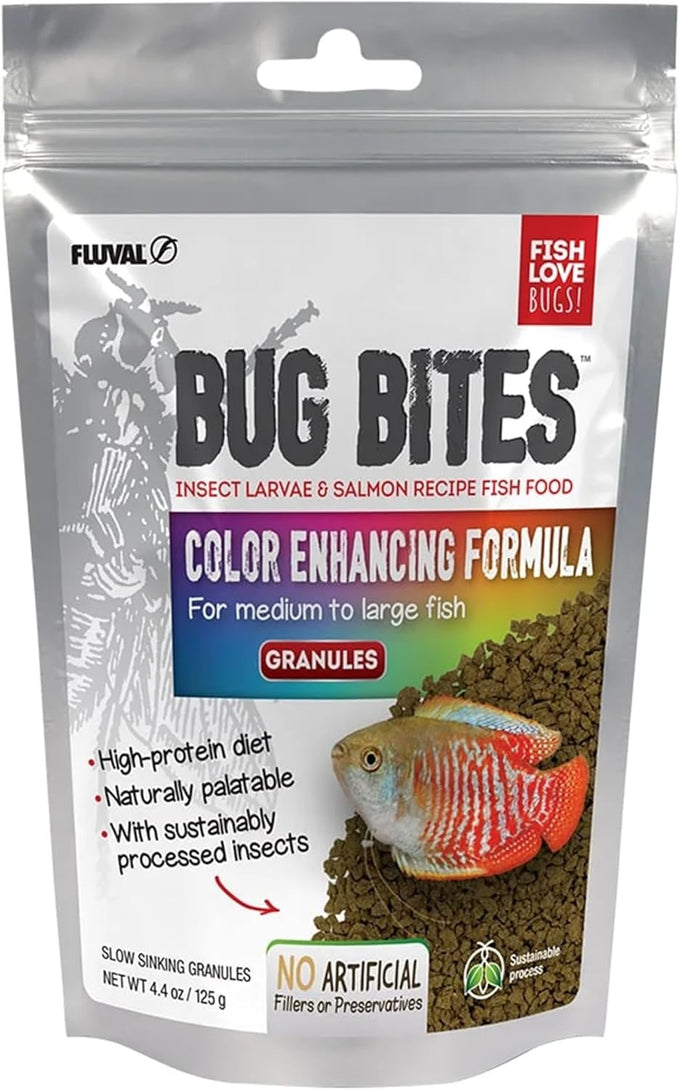 Fluval Bug Bites slow sinking granules for medium to large tropical fish, 4.4 oz, salmon and black soldier fly larvae