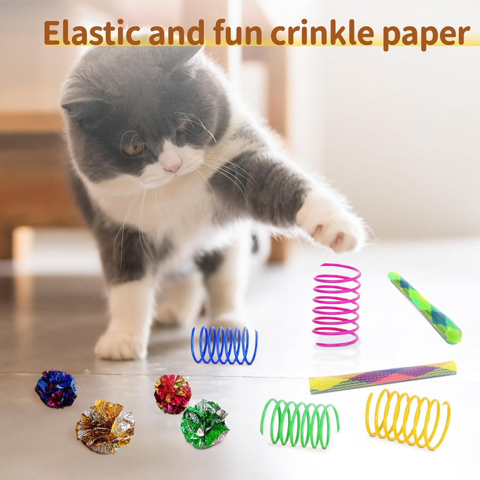 iCAGY interactive cat toy bundle for indoor cats, 25 pcs, 45 inches rainbow tunnel, colorful springs, feathers, balls, and mice