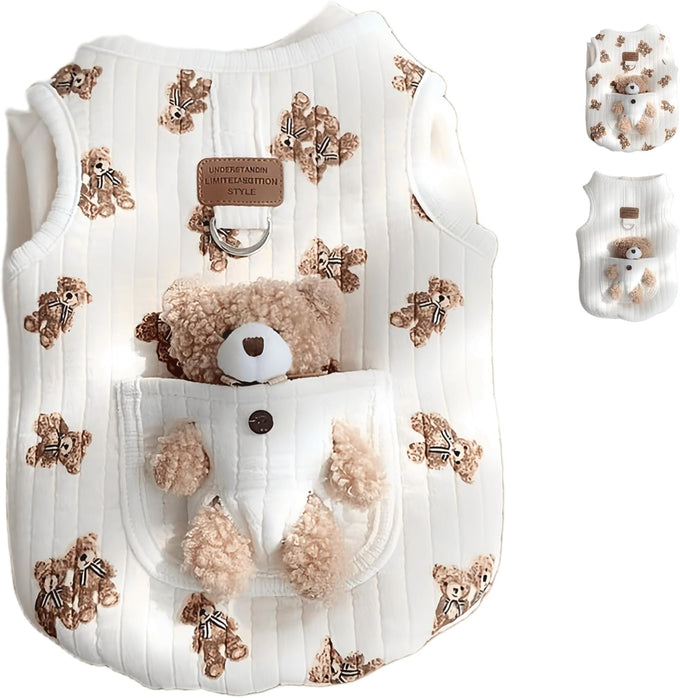 Cute pet apparel plush bear pattern cartoon dog clothes white 11-20lbs sleeveless pullover