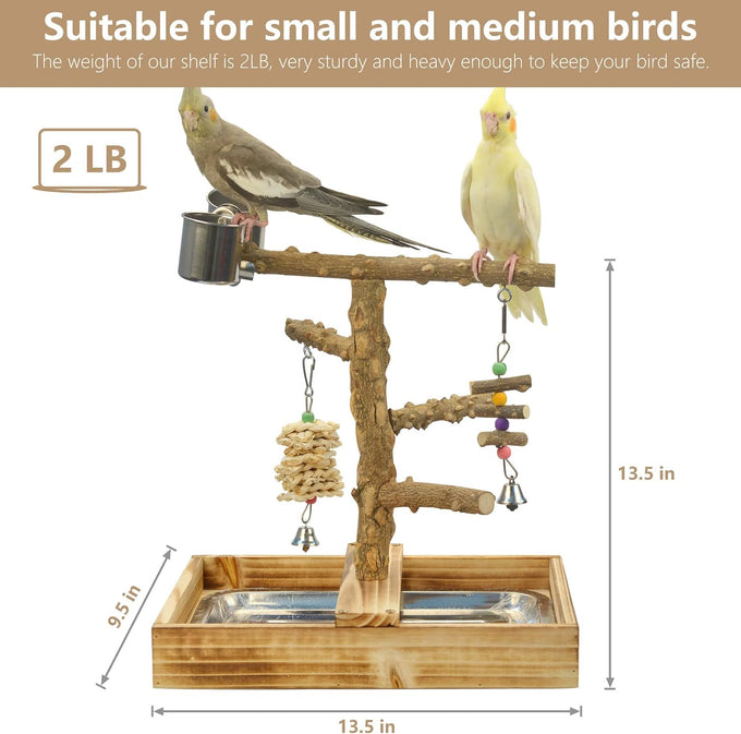 LIMIO natural wood bird toys playground, 2 stainless steel cups, removable tray, small to medium bird accessories