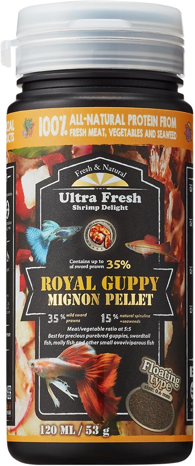 Royal Guppy Mignon Pellet Food, All-Natural with Sword Prawns, Spirulina, Seaweeds, 4.6 oz - Guppy Nutrition for Cleaner Water and Vibrant Color