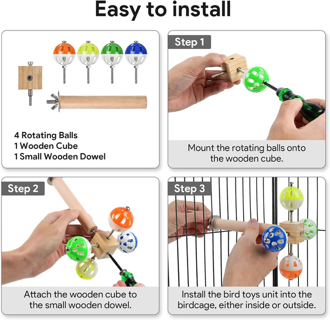 Parakeet bird toy with rotating balls, ideal for small birds, natural wood, durable surface, non-slip, 7.85 inches long