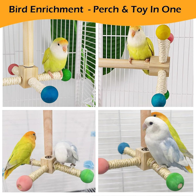 Bird Stand Perch Toy, Wooden Exercise Wheel for Parakeet, Cockatiel, and Budgie Birds, Natural Wood and Hemp Ropes