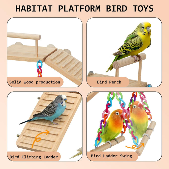 Wooden bird perches platform swing with climbing ladder for cockatiels, lovebirds, and small pets cage accessories
