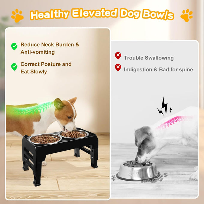 Comeso Elevated Dog Bowls for Small Medium Dogs with 3-Height Adjustable Stand and 2 Stainless Steel Bowls, Black