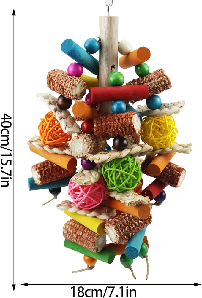 Parrot toys for large birds, natural peppered wood, African Grey, Macaws, Cockatoos, Amazon Parrot chew toys, aviary hanging accessories
