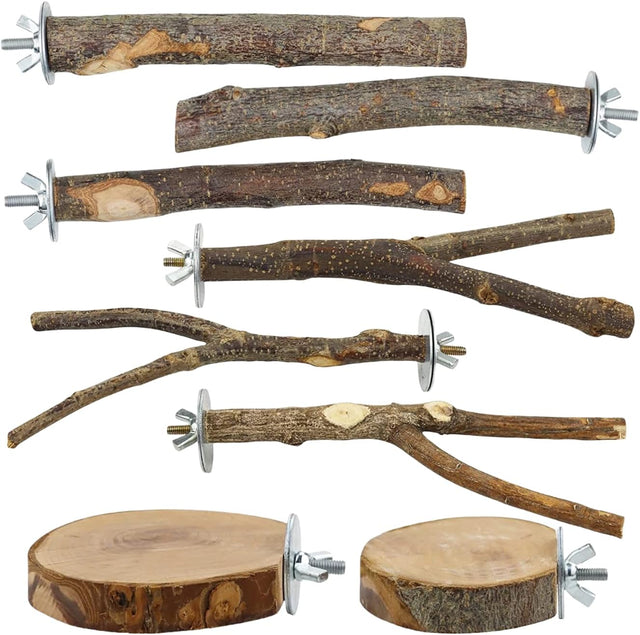 Natural Wood 8-Piece Bird Perch Set with Fork Toys and Hammock Swing for Parakeets and Budgies