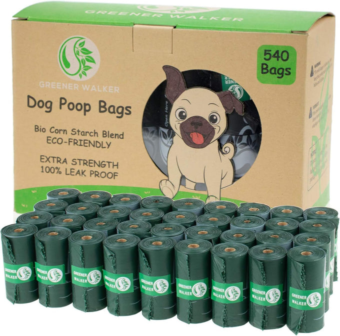 Greener Walker Poop Bags, 540 count, Extra Thick, 100% Leak Proof, Green, 13x9 inches
