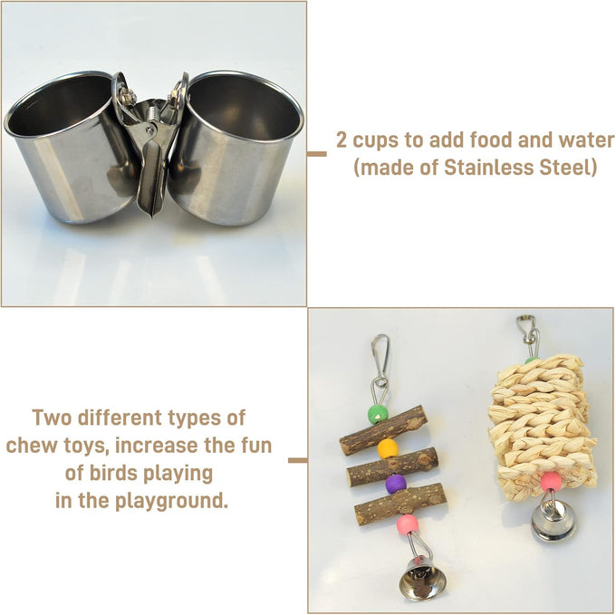 LIMIO natural wood bird toys playground, 2 stainless steel cups, removable tray, small to medium bird accessories