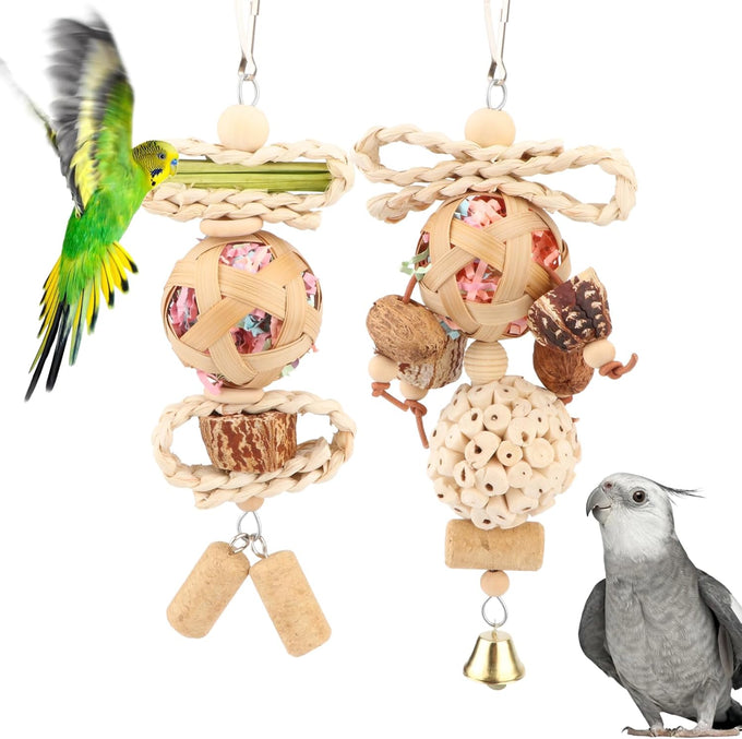 Wontee natural sola ball parrot foraging hanging toys, safe for cockatiels, conures, parakeets, budgies, senegal, 3 pack