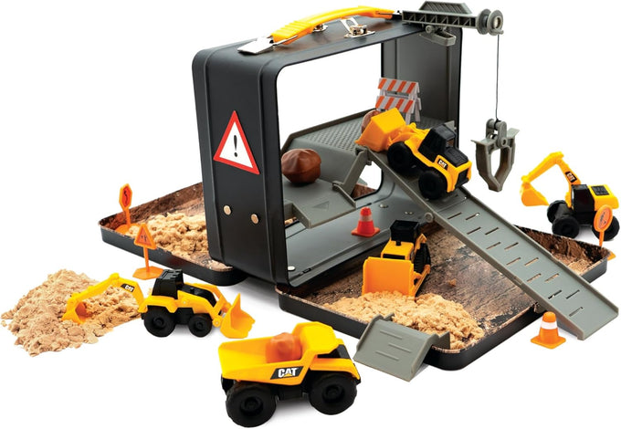 cat construction toys store n go playset tin travel case transforms into multi-level worksite, includes 2 little machines vehicles & 10+ accessories, portable stem toy for kids ages 3+