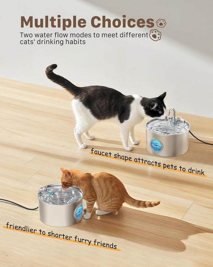 Stainless Steel Cat Fountain 74oz/2.2L for Pets Cats Inside Quiet Water Bowl Dispenser