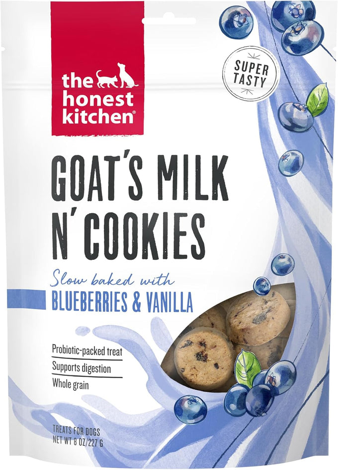 The Honest Kitchen Human Grade Dog Treats, Goat's Milk N' Cookies with Probiotics, Slow Baked with Blueberries & Vanilla, 8 oz Bag for All Ages & Sizes.