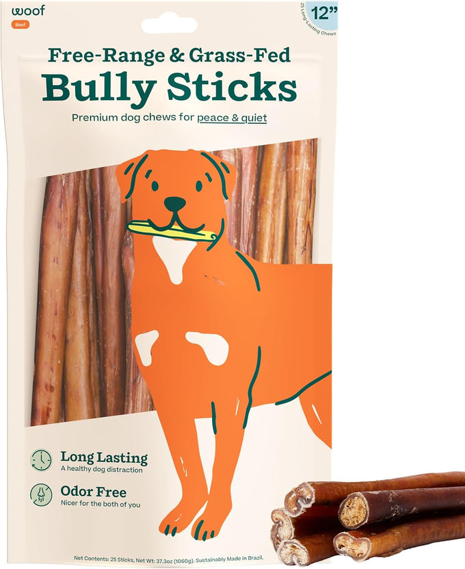 woof bully sticks made with free-range grass-fed beef 6 inch sticks 10pk