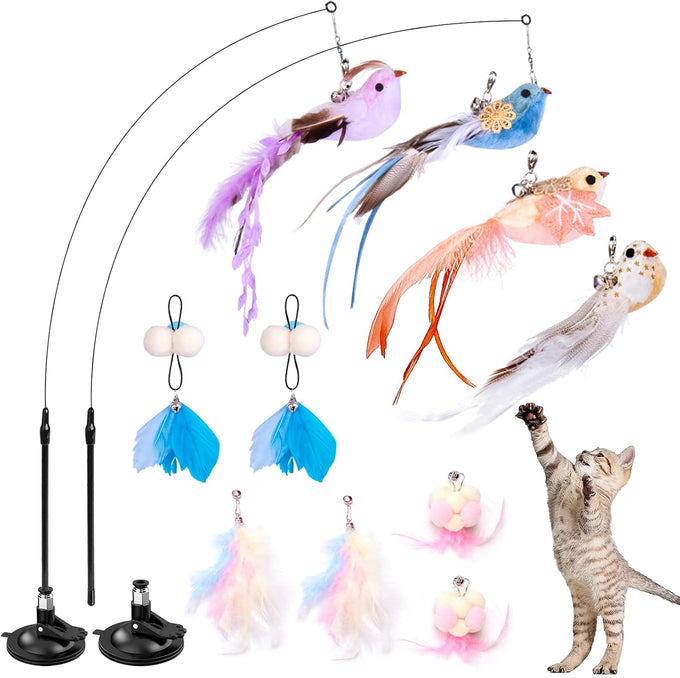 cat toys 2 pack 3 in 1 interactive indoor kitten toys suction cup detachable feathers balls mice