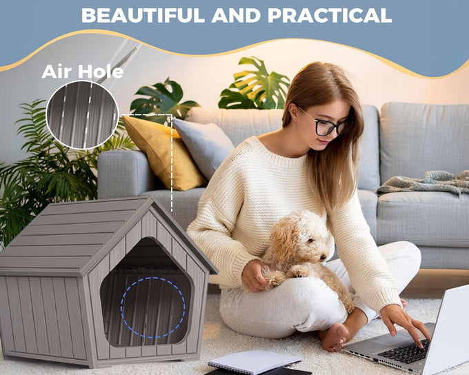 Vixzen grey small dog resin material doghouse outdoor indoor weatherproof pet shelter with air vents easy assembly