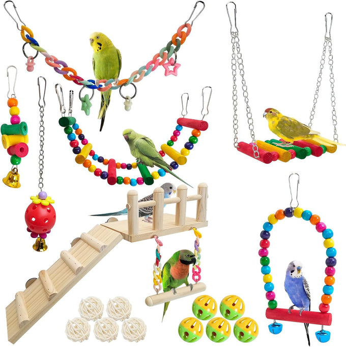 Hamiledyi bird parrot swing chewing toy set 15pcs wooden hanging bell hammock climbing ladders colorful pet birds cage toys