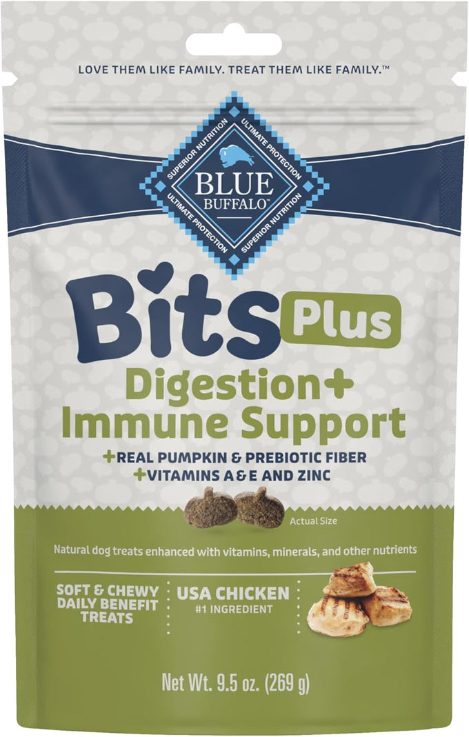 Blue Buffalo Blue Bits Plus Daily Benefit Dog Treats, Soft & Chewy Chicken and Pumpkin Morsels, 9.5-oz Bag, Formulated for Digestion & Immune Support