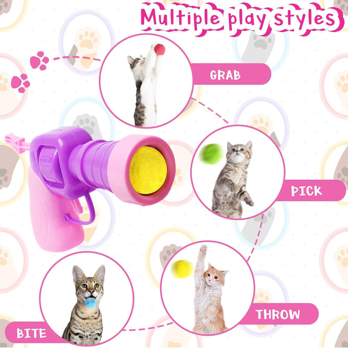 2 Cat Toy Launchers & 100 Cat Pom Pom Balls in Macaroon Colors, Silent Plush Elastic Balls for Kitty