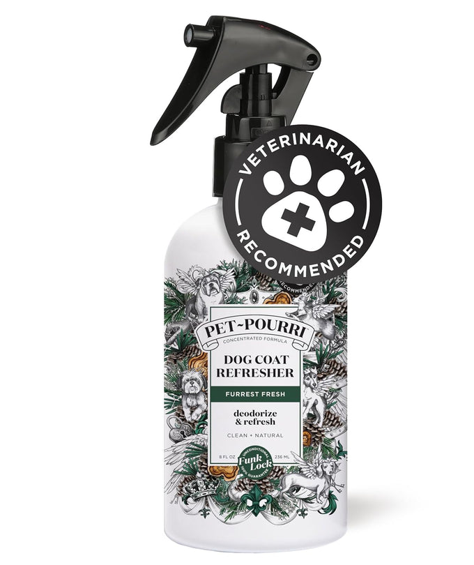 poo-pourri furrest fresh dog deodorizing spray, 8 fl oz, paraben & sulfate-free, fir, amber, & cedarwood scent