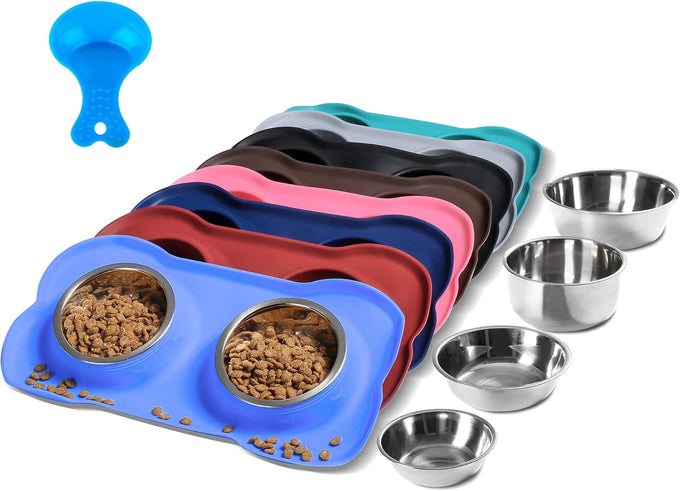 hubulk pet dog food and water bowls set with non-slip silicone mat and pet food scoop, pink, small