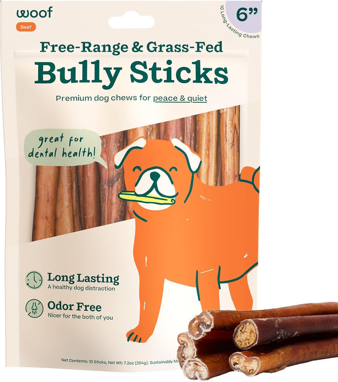woof bully sticks made with free-range grass-fed beef 6 inch sticks 10pk