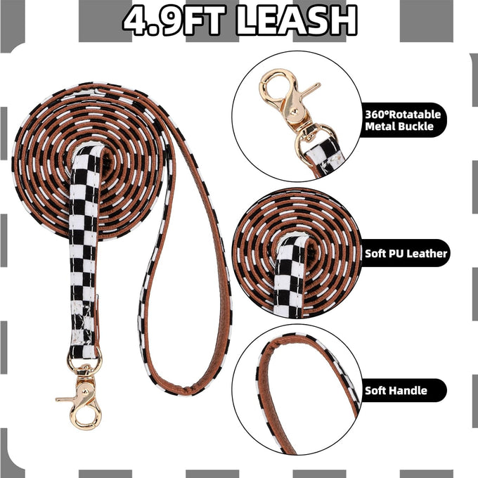 PupTecK 3-Pack Adjustable Soft Leather Dog Collar and Leash Set with Bow Tie and Bells, Black & White Checkered, Small Dogs and Cats Accessories