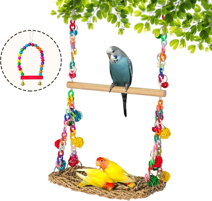 Natural Bird Swing Toys with Wood Perch for Parakeets, Budgies, Conures, Cockatiels, Lovebirds