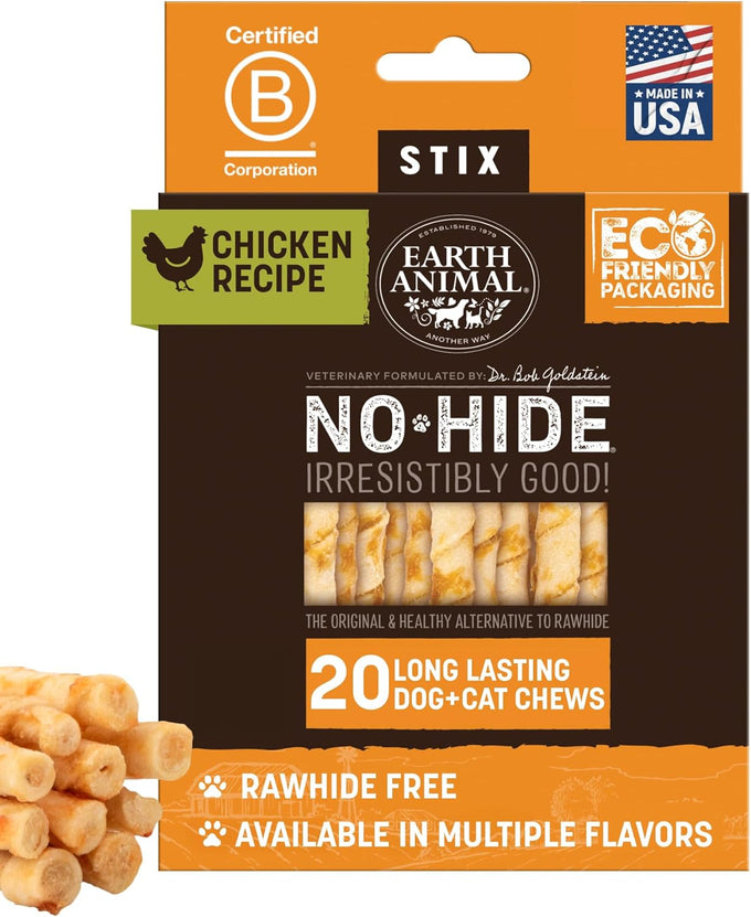 Earth Animal No Hide Stix for Small Dogs - 20 Count Value Pack, Rawhide Free, Chicken, All Natural Chew Sticks