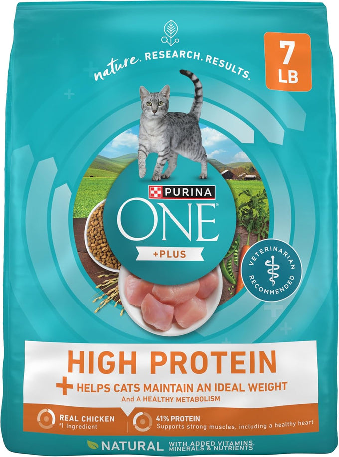 Purina ONE High Protein, Healthy Plus Ideal With Chicken Dry Cat Food for Weight Control, 7 lb Bag, Crunchy Kibble
