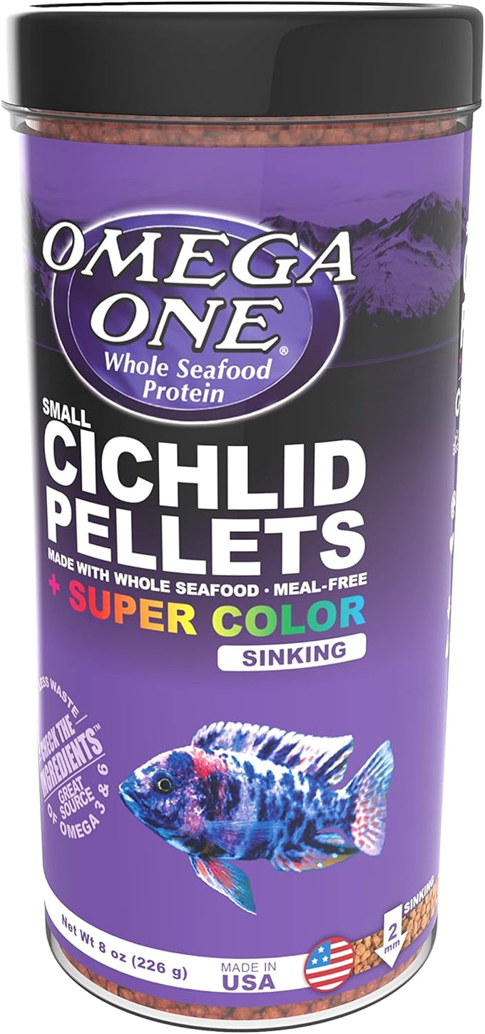 Omega One Super Color Sinking Cichlid Pellets, 2mm Small Pellets, 8 oz, Ideal Balance for Cichlids, Fresh Seafoods and Spirulina