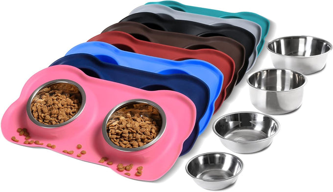 hubulk pet dog food and water bowls set with non-slip silicone mat and pet food scoop, pink, small