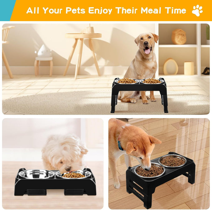 Comeso Elevated Dog Bowls for Small Medium Dogs with 3-Height Adjustable Stand and 2 Stainless Steel Bowls, Black