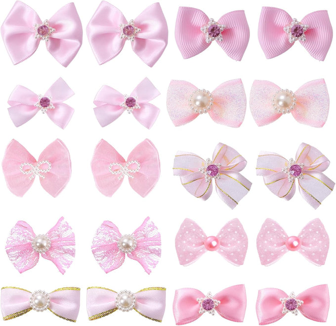pink dog hair bows set with rubber bands, 10 pairs, 20 pieces, handmade mix style for small, medium, large dogs