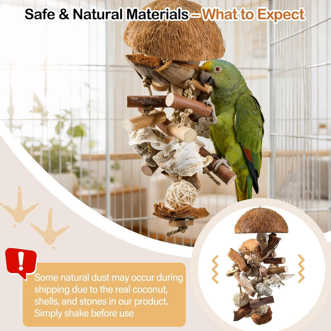natural bird toys for parrots - handmade coconut shell shredding toy for sun conures conures caiques cockatiels