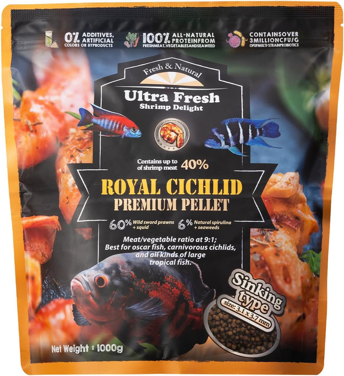 Royal Cichlid Premium Sinking Fish Food, 16 oz, Wild Sword Prawns, All Natural, Large Tropical Fish, Carnivore Pellets