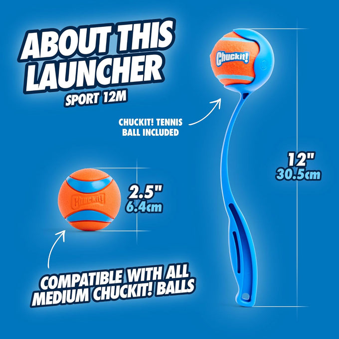 Chuckit! 12M Sport dog ball launcher for medium 2.5" balls, 20-60 lb dogs, 12" handle, made in USA, blue