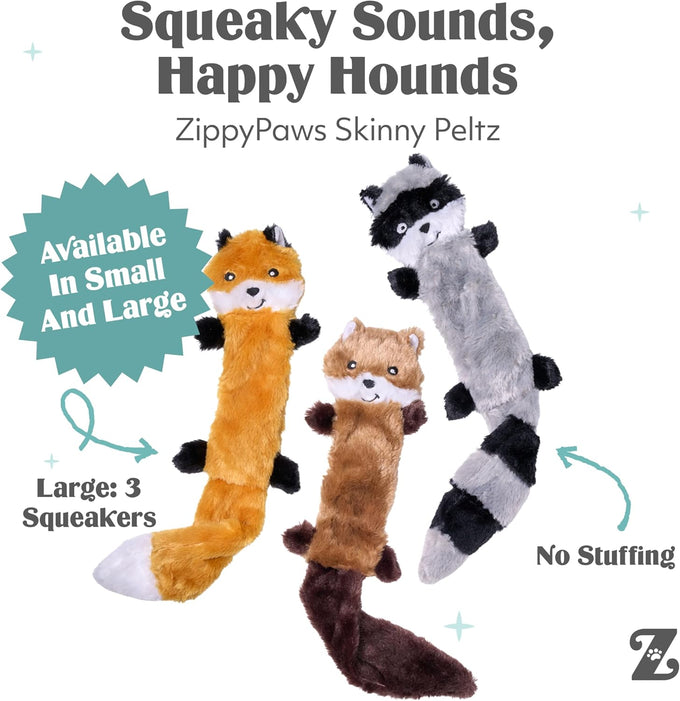 zippypaws-skinnypeltz-stuffing-free-large-medium-dog-toys-squeaky-plush-fox-raccoon-squirrel