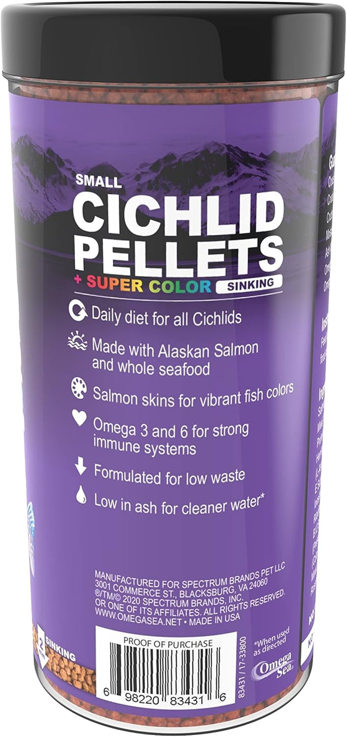 Omega One Super Color Sinking Cichlid Pellets, 2mm Small Pellets, 8 oz, Ideal Balance for Cichlids, Fresh Seafoods and Spirulina