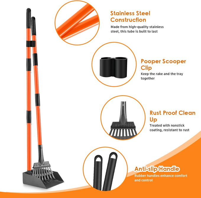 Pooper Scooper, stainless steel, long handle, medium small dog, heavy duty, pet supplies