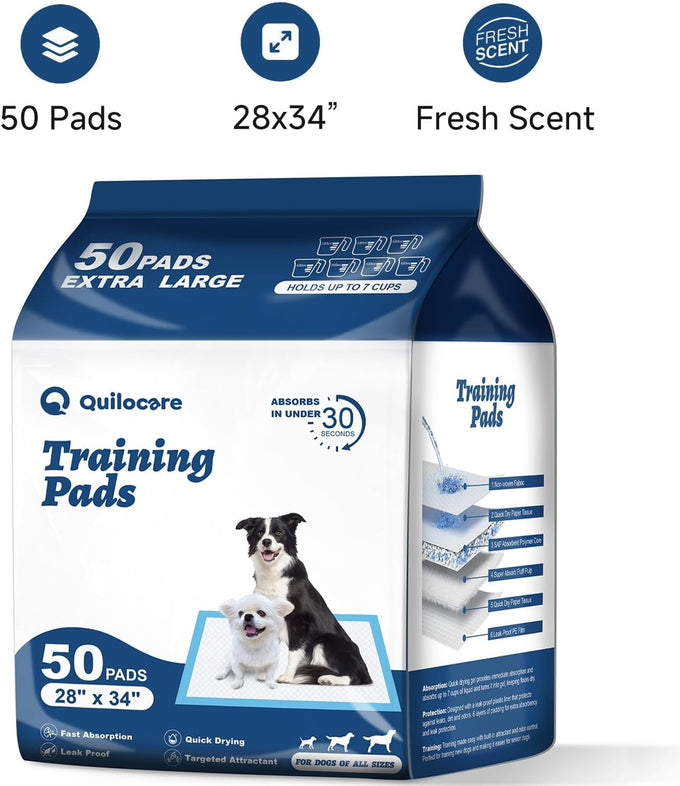 Quilocare 50-Count XL Disposable Dog Pee Pads, 28" x 34", Super Absorbent Leakproof Quick Drying Puppy Training Pads