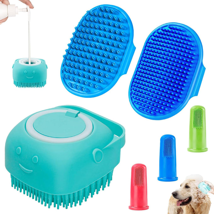 comotech 6pcs dog bath brush and toothbrush set | adjustable handle for short and long haired dogs and cats | blue