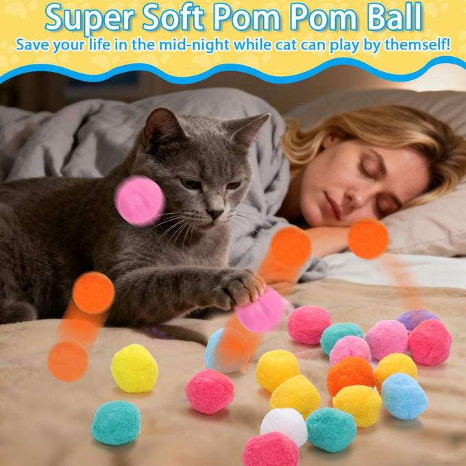 Mity rain 102PCS soft plush cat ball launchers & pom pom balls interactive cat toy set for indoor cats
