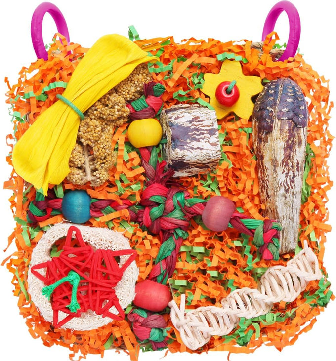 Bird toys for small & medium parrots - natural foraging & shredding cage hanging toys with seagrass mat, starfruit, loofah slices, 1 pc