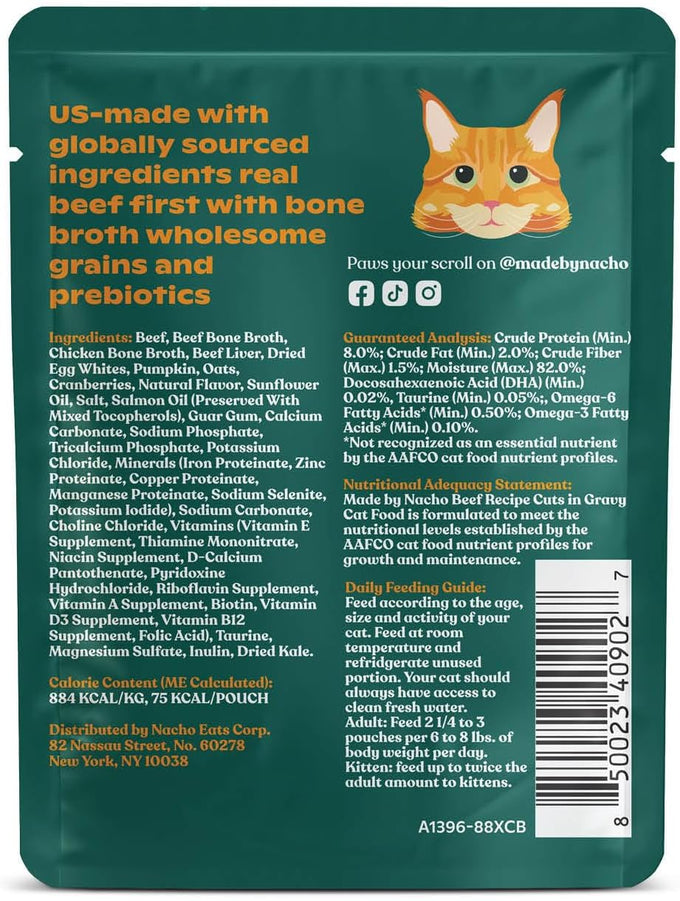 Made by Nacho Wet Cat Food, Grass-Fed Grain Finished Beef Recipe in Bone Broth, Limited Ingredients, 12 Pouches