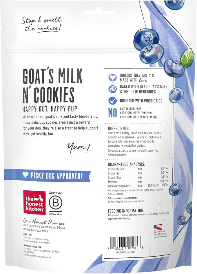 The Honest Kitchen Human Grade Dog Treats, Goat's Milk N' Cookies with Probiotics, Slow Baked with Blueberries & Vanilla, 8 oz Bag for All Ages & Sizes.